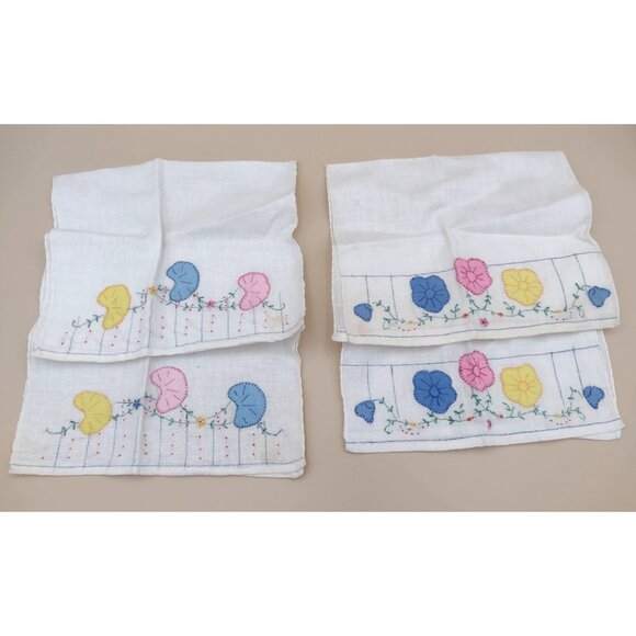 Accessories - Vintage Hand Stitched Floral Linen Napkins Set Of 4 Flowers Handkerchiefs